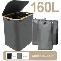 WAOHO Wäschekorb Zusammenklappbarer Wäschekorb mit Deckel, 3 Fächer, Wäschesäcke, 160L