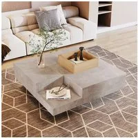 STILVORA Couchtisch mit Stauraumbox abnehmbar,Wohnzimmertisch Sofatisch mit Hochglanz&LED (1-St), Betongrau und Holzfarbe, 72*72*30 cm.