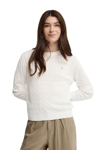 Strickpullover ecru mit Zopfmuster und Rigby Go Stickerei
