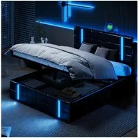 Gdood Polsterbett Doppelbett LED Stauraumbett (Hydraulisch anhebbarer Bettstauraum), Mit LED-Beleuchtung, USB & TYPE-C Anschlüsse, Kunstleder, 160x200 cm