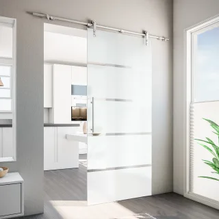 Glasschiebetür 900x2080mm offene Laufschiene Blockstreifen satinert Stangengriff Komplettset