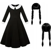 Festivalartikel Kostüm Wednesday Addams Kostüm Verkleidung Girl Schwarz Black Kleid + Perücke