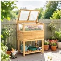 Outsunny Hochbeet mit aufklappbar Abdeckung, Regal, Vliesstoff (Pflanzkasten, 1 St., Frühbeetaufsatz), für Garten Balkon 80x45x108,5cm Naturholz