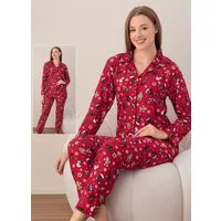 fashionshowcase Pyjama Damen Schlafanzug mit Weihnachtsmotiven Rot & Schwarz (Zweiteilig, Oberteil und Hose) Langlebiger Druck, wärmender Stoff