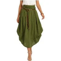 dy_mode Ballonrock Damen Leinenrock Midi Ballonrock Sommerrock Midirock in Unifarbe, mit Teil-Gummibund, Variabler 2-in-1 Look