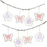 Levandeo® Hängedekoration, 8er Set Holz Anhänger Schmetterling Blume Natur Rosa Lila
