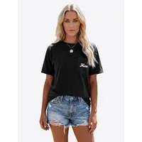 Imily Bela Print-Shirt Damen mit Brusttasche Kurzarm Loose Basic Summer Tops (Packung, 1-tlg., 1per-Pack) mit Rundhalsausschnitt Print in Unifarbe