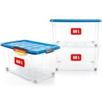 BigDean Aufbewahrungsbox 60 L mit Deckel groß – robuste Stapelbox rollbar mit Klickverschlüssen (Set, 3 St., Aufbewahrungsbox + Deckel + Rollen), Sicher Stapelbar, Platzsparend, Transparent, Rollen, Klickverschlüsse