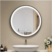 EMKE Badspiegel mit Beleuchtung Rund Badezimmerspiegel schwarzem Rahmen (50-80cm, Touchschalter), Dimmbar Warmweißes/Kaltweißes/Neutrales Licht, IP44