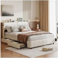 Gdood Polsterbett Doppelbett LED Stauraumbett (Mit Vier Schubladen, Nachttischlampe mit Touch-Funktion), Multifunktionsbett, USB + TYPE-C, PU, 140x200 cm