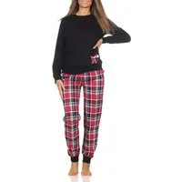 Normann Pyjama Damen Schlafanzug mit Bündchen mit Karohose und niedlichen Tiermotiv