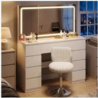 HOMALL Schminktisch Schminktisch Mit großer LED-Spiegelbeleuchtung und 7 Schubladen (MaBe: 115 x 40 x 139 cm, mit Stauraumbank, 2 Steckdosen, 1 USB-Anschluss,1 Typ-C-Anschluss,1 Fohnhalterung)