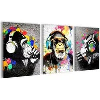 Novart Bild Wandbilder Set Banksy Style Collage - 3 Bilder Wohnzimmer Streetart, Affe mit Kopfhörer, made in Germany