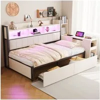 Merax Daybett mit LED-Beleuchtung, Steckdosen & großem Stauraum, Eisenbett (Sofabett Schlafsofa Jugendbett Kinderbett Einzelbett Metallbett, 1 tlg), Tagesbett mit ausziehbarem Schreibtisch, Schubladen & Schließfächern