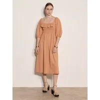 Apricot Midikleid Midi-Kleid im Milchmädchen-Stil mit Rüschen Gerafft