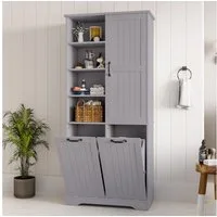 Flieks Badkommode Badezimmerschrank mit doppelter Wäschekorb und 7 Fächern (B78/T35/H172,7 cm, 1 St., Wäscheschrank mit verstellbaren Einlegeböden, Volllackierung), Hochschrank mit 2 Klappen feuchtigkeitsbeständig Holzschrank Grau
