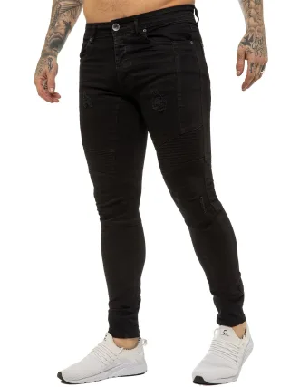 Enzo | Herren Skinny Stretch Biker Denim Jeans - Schwarz