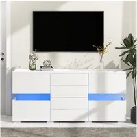 Merax Sideboard Hochglanz Weiß mit 16 Farben LED (Buffetschrank Anrichte), Kommode mit Acryl-Glastüren, 4 Schubladen & App-Steuerung, 140x35x72cm