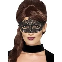 Smiffys Verkleidungsmaske Venezianische Spitzenmaske schwarz - für Fasching, Edle Stoffmaske für den venezianischen Maskenball
