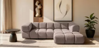 Ecksofa Designersofa BLANCHE in Stoff Puente Aubergine Ottomane Rechts