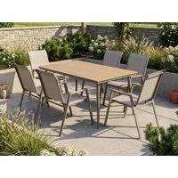 Beautysofa Garten-Essgruppe VALENCIA wetterfest, Taupe, (verzinktes pulverbeschichtetes Stahlgestell, 6 stapelbare Stühle + Esstisch 150 × 90 cm), Textilene-Sitzflächen, Polywood-Tischplatte