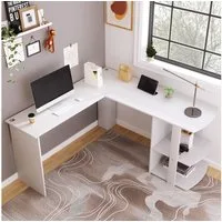 KLAM HOME Eckschreibtisch L-Förmiger Eckschreibtisch 140cm mit Ablagefach (Moderner Schreibtisch in Weiß mit Stauraum), Platzsparender Computertisch für Homeoffice