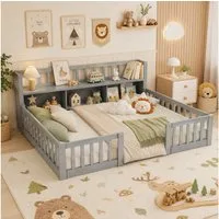 Simurq Kinderbett Bodenbett 140x200 cm, Montessori Bett Mit Staufach Und Rausfallschutz (Set, Ohne Matratze), Gitterbett Spielbett Jugendbett Doppelbett Holzbett Für 2 Kinder