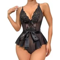Elegant Love Kurzarmbody Sexy Damen-Tüllbody, Spitzen-Dessous, Lingerie mit überkreuztem Rücken (1-tlg) Teddy mit floraler Spitze & Schleife, verführerische Damen-Unterwäsche
