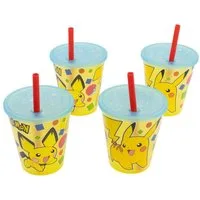 POKEMON JUEGO DE CARTAS Becher Kinder Becher Set 4 teilig 285 ml Becher mit Trinkhalm, 4-tlg.