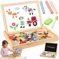 KRUZZEL Magnettafel Magnettafel Kinder doppelseitig Holz Lernbrett 108 Teile Kreidetafel, (Kinder Magnettafel mit Zubehör, 108-tlg., Magnettafel Set mit 108 Magneten Kreide Marker und Holzbox), doppelseitig magnetisch Holzbox 108 Teile Kreidetafel Wh