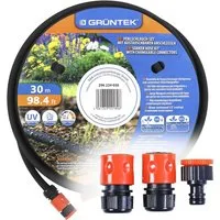 GRÜNTEK Bewässerungsschlauch Tropfschlauch Set, Perlschlauch 30 m, inkl. Konnektoren 1/2', 3/4', Druck von 3 - 6 bar, (Schlauch, Enthält austauschbare Klick- und Gewindeanschlüsse: Größe 1/2 ' / 3/4), Quick-Fix, UV-und Algen-Schutz, bis zu 70% wasser