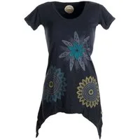 Vishes Tunikakleid Asymmetrisches Longshirt m. großen Blumen bedruckt Boho, Elfen, Hippie Style
