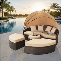 Melko Gartenlounge-Set Polyrattan Sonneninsel Tisch & Kissen 180CM Strandkorb Set, (Stück), Wasserabweisend