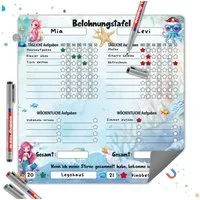 TOBJA Magnettafel Magnetische Belohnungstafel XL 2 Kinder Meerjungfrau 4Stifte, Routine Planer Kinder 30x30 cm, abwischbar