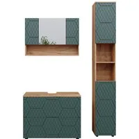 Vicco Badmöbel-Set Irma, Goldkraft Eiche/Grün, 3 Teile, mit Spiegelschrank 80 cm, (3-St., 3er Set)