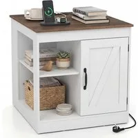 COSTWAY Beistelltisch, Nachttisch mit Ladefunktion, verstellbarem Regal Holz