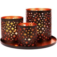 Marrakesch Orient & Mediterran Interior Teelichthalter mit Tablett Orientalisches Windlicht-Set -19- modern aus Metall in Schwarz 25 cm (1 St), Handarbeit