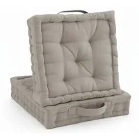 Beautissu Stuhlkissen 2er Set Bodenkissen Sitzkissen Mila, 50x50cm, Taupe, Matratzenkissen 10cm, 100% Baumwolle Stuhlkissen Indoor & Outdoor