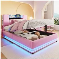 Merax Polsterbett mit LED-Beleuchtung und USB-Anschluss (Metalllattenrahmen & Samtbezug, 1-tlg., Kinderbett Einzelbett Mehrzweckbett Stauraumbett), Jugendbett 90×200cm mit hydraulischem Stauraum & Kopfteilfach, Samt
