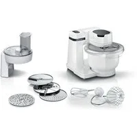 BOSCH Küchenmaschine Serie 2 MUM2SAW01, Kunststoffschüssel, Durchlaufschnitzler, 700 W, 3,8 l Schüssel, Durchlaufschnitzler, 3 Reibescheiben, Patisserieset Edelstahl