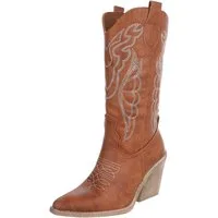 Ital-Design Stylische Damen-Stiefeletten mit Stickdetails für Alltag Westernstiefel (91409443) Blockabsatz Stiefel in Camel