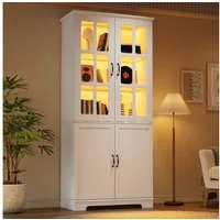 MODFU Vitrine Hochschrank 80x38x180 cm, Weiß, Landhaus-Stil mit LED-Beleuchtung (Packung, 1-St., 2 Glastüren & 2 Volltüren, 5 Etagen) Bücherregal & Vitrinenschrank für Wohnzimmer & Küche