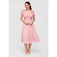 OMBRE Abendkleid Midi Kleid Ausgestellt V-Ausschnitt Cocktailkleid Dark pink S (kein Set, 1-tlg) Mehrlagige Konstruktion, transparente Netzstruktur