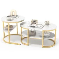 FUROKOY Couchtisch Beistelltisch Sofatisch wohnzimmertisch kaffeetisch 2er set (Sofatisch Runder Tisch Oval), Modern design Couchtisch mit goldenen beinen,Marmoroptik, Eiche