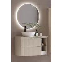 Lomadox Badmöbel-Set CALURI-140, (Spar-Set, 2-St., LED-Spiegel Waschtisch), in beige mit gerillter Front, grifflos, wandhängend