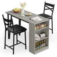 GarveeMore Essgruppe Esstisch Klappbar mit 2 Stühlen für Küche & Esszimmer, Bartisch,Ktichen Tisch mit 2 Gepolsterter Sitz und 3 Ablagen