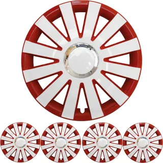 4x PREMIUM DESIGN Radkappen Radzierblenden Set "Onyx" 15 ZOLL in Rot / Weiß