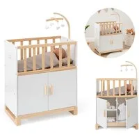 ELLA & PIET® Puppenbett COZY mit Schrank und Mobile aus Holz (Weiß-Schlamm), Puppenbett, Holzpuppenbett, Puppenschrank, Puppenkleiderschrank