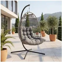 DERKORB Hängesessel Der Hängekorb - Hängesessel mit Gestell und extra dickem Kissen (1-St), Polyrattan, wetterfest, 10cm dickes Sitzkissen, stabiler X-Standfuß