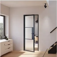 inova wohnen Zimmertür Loft-Glastür mit Stahlrahmen, Komplettset, 3-Felder, satiniertes Glas, 830x2115 mm, Türzarge und Türklinke in Schwarz, DIN links